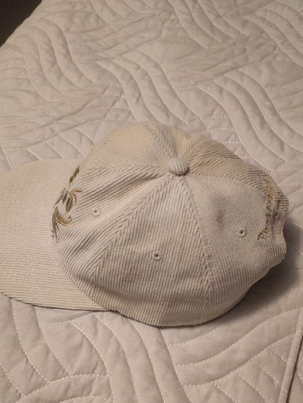 Embroidered Cream Corduroy Baseball Cap with Sun & Leaves Streetwear